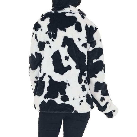 Bibi Boutique Cow Print Faux Fur Jacket Western Cozy Plush Layering Statement - Picture 4 of 11